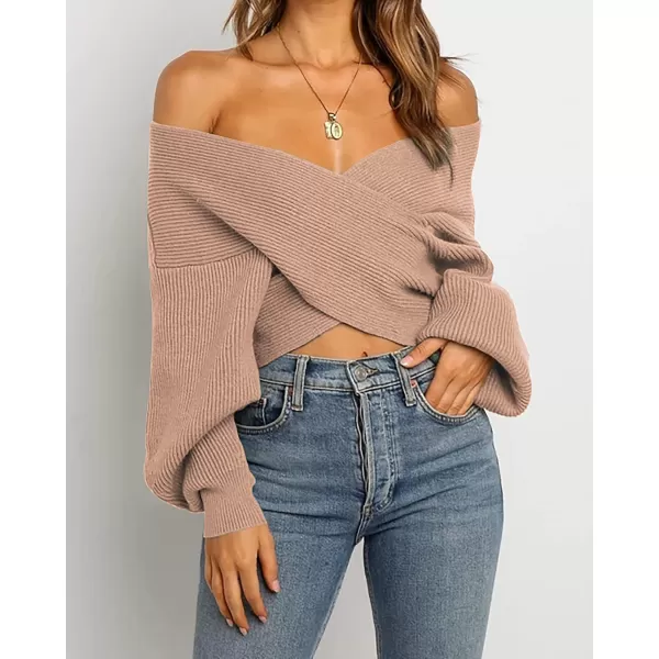 imageBTFBM Women Casual V Neck Long Sleeve Sweaters Cross Wrap Front Off Shoulder Asymmetric Hem Knitted Crop Solid PulloverSolid Khaki