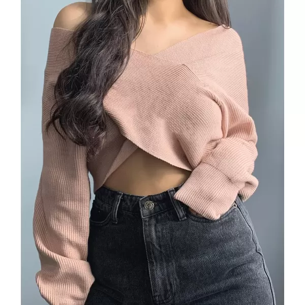 imageBTFBM Women Casual V Neck Long Sleeve Sweaters Cross Wrap Front Off Shoulder Asymmetric Hem Knitted Crop Solid PulloverSolid Khaki