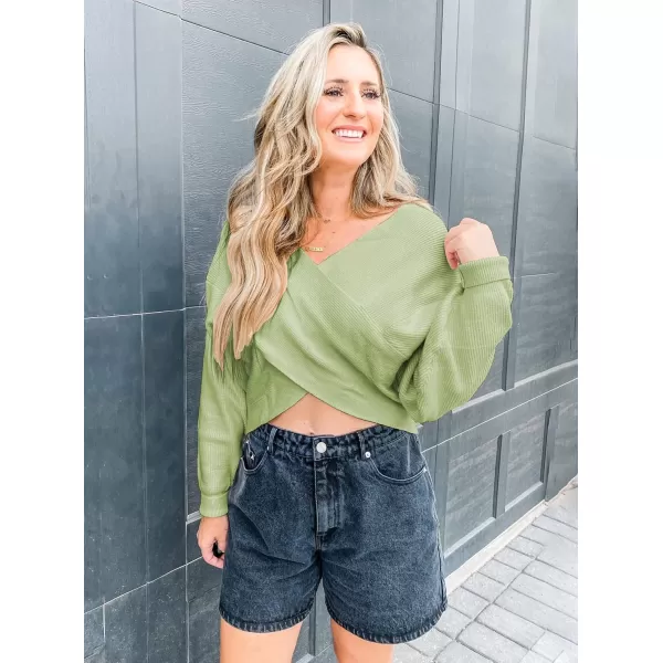 imageBTFBM Women Casual V Neck Long Sleeve Sweaters Cross Wrap Front Off Shoulder Asymmetric Hem Knitted Crop Solid PulloverSolid Light Green