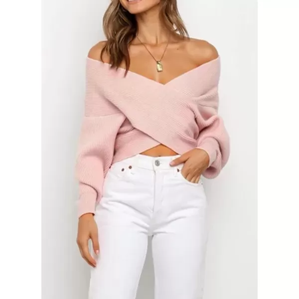 imageBTFBM Women Casual V Neck Long Sleeve Sweaters Cross Wrap Front Off Shoulder Asymmetric Hem Knitted Crop Solid PulloverSolid Pink