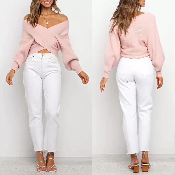 imageBTFBM Women Casual V Neck Long Sleeve Sweaters Cross Wrap Front Off Shoulder Asymmetric Hem Knitted Crop Solid PulloverSolid Pink
