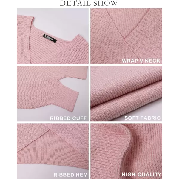 imageBTFBM Women Casual V Neck Long Sleeve Sweaters Cross Wrap Front Off Shoulder Asymmetric Hem Knitted Crop Solid PulloverSolid Pink