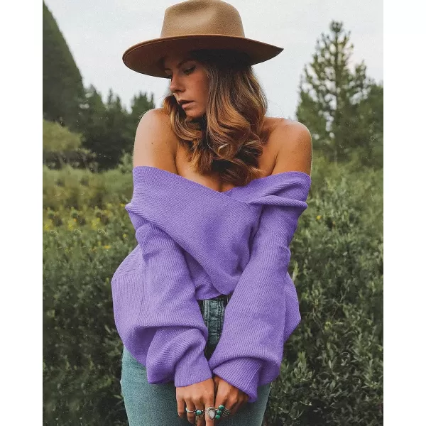 imageBTFBM Women Casual V Neck Long Sleeve Sweaters Cross Wrap Front Off Shoulder Asymmetric Hem Knitted Crop Solid PulloverSolid Purple
