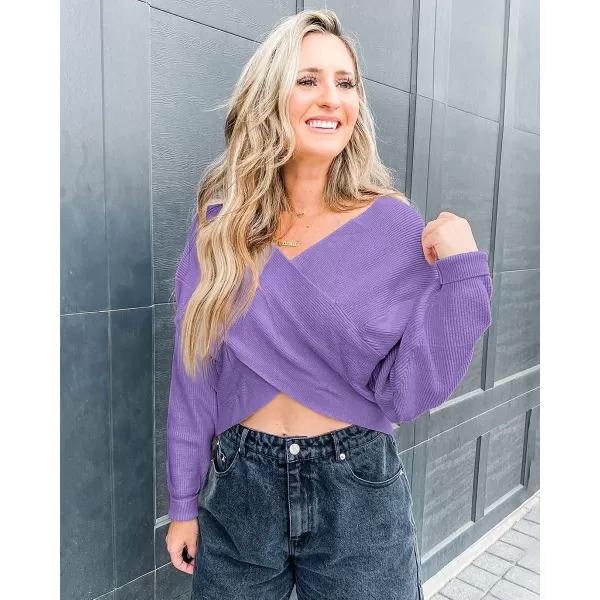 imageBTFBM Women Casual V Neck Long Sleeve Sweaters Cross Wrap Front Off Shoulder Asymmetric Hem Knitted Crop Solid PulloverSolid Purple