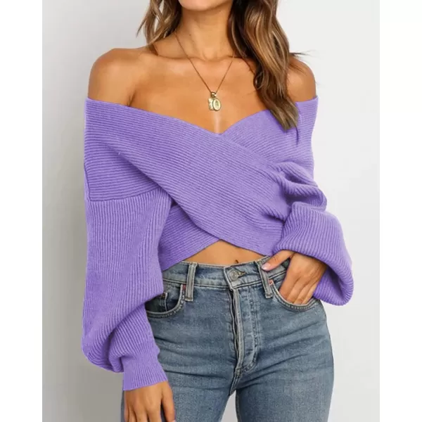 imageBTFBM Women Casual V Neck Long Sleeve Sweaters Cross Wrap Front Off Shoulder Asymmetric Hem Knitted Crop Solid PulloverSolid Purple