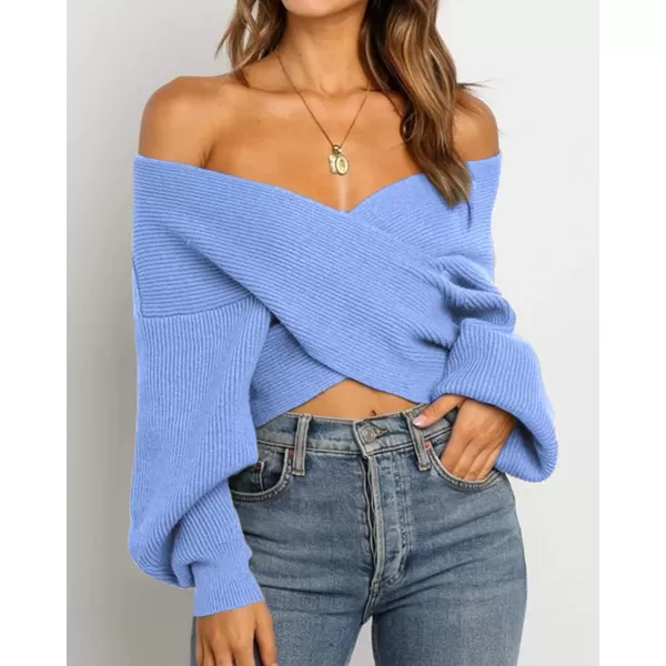 imageBTFBM Women Casual V Neck Long Sleeve Sweaters Cross Wrap Front Off Shoulder Asymmetric Hem Knitted Crop Solid PulloverSolid Sky Blue