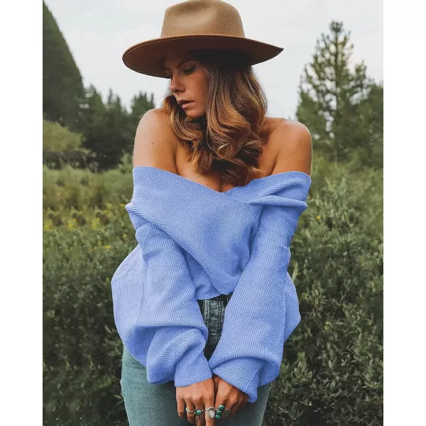 imageBTFBM Women Casual V Neck Long Sleeve Sweaters Cross Wrap Front Off Shoulder Asymmetric Hem Knitted Crop Solid PulloverSolid Sky Blue
