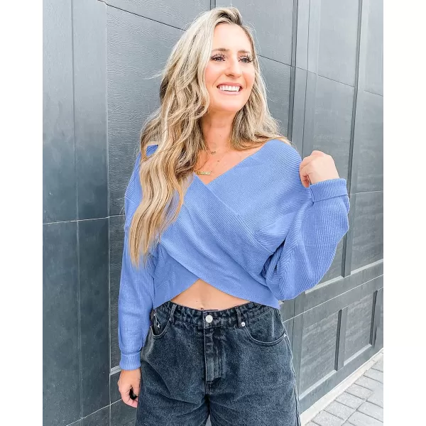 imageBTFBM Women Casual V Neck Long Sleeve Sweaters Cross Wrap Front Off Shoulder Asymmetric Hem Knitted Crop Solid PulloverSolid Sky Blue