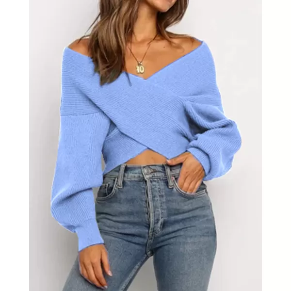 imageBTFBM Women Casual V Neck Long Sleeve Sweaters Cross Wrap Front Off Shoulder Asymmetric Hem Knitted Crop Solid PulloverSolid Sky Blue