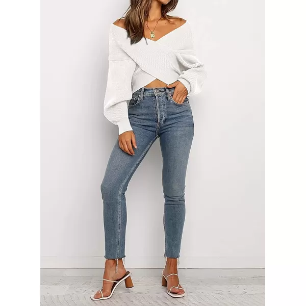 imageBTFBM Women Casual V Neck Long Sleeve Sweaters Cross Wrap Front Off Shoulder Asymmetric Hem Knitted Crop Solid PulloverSolid White