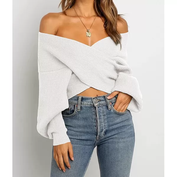 imageBTFBM Women Casual V Neck Long Sleeve Sweaters Cross Wrap Front Off Shoulder Asymmetric Hem Knitted Crop Solid PulloverSolid White