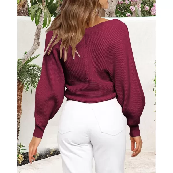 imageBTFBM Women Casual V Neck Long Sleeve Sweaters Cross Wrap Front Off Shoulder Asymmetric Hem Knitted Crop Solid PulloverSolid Wine Red