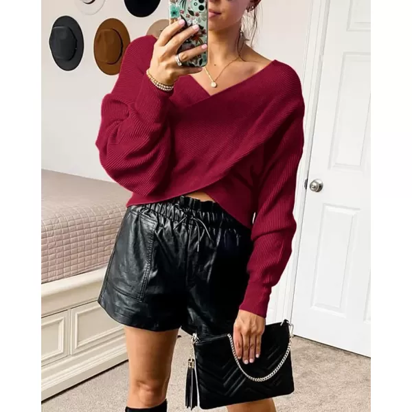 imageBTFBM Women Casual V Neck Long Sleeve Sweaters Cross Wrap Front Off Shoulder Asymmetric Hem Knitted Crop Solid PulloverSolid Wine Red