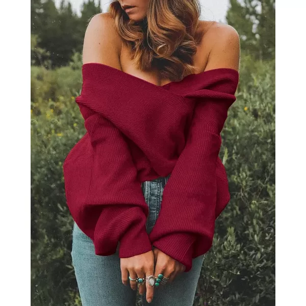 imageBTFBM Women Casual V Neck Long Sleeve Sweaters Cross Wrap Front Off Shoulder Asymmetric Hem Knitted Crop Solid PulloverSolid Wine Red