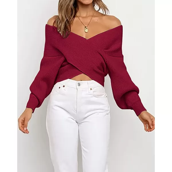 imageBTFBM Women Casual V Neck Long Sleeve Sweaters Cross Wrap Front Off Shoulder Asymmetric Hem Knitted Crop Solid PulloverSolid Wine Red