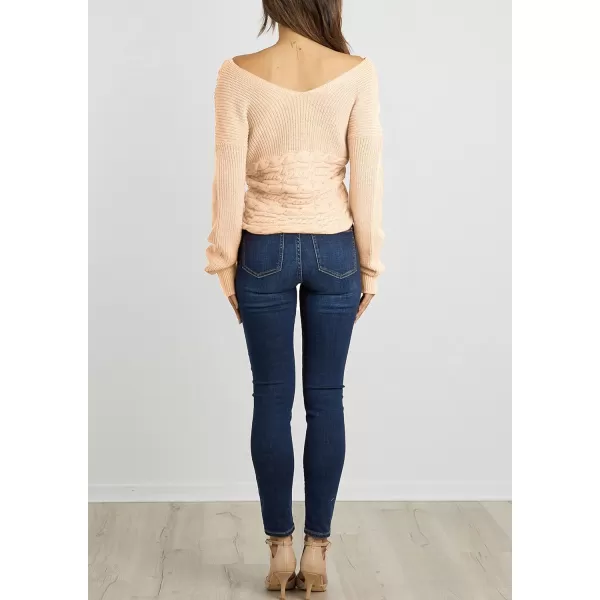 imageBTFBM Women Casual V Neck Long Sleeve Sweaters Cross Wrap Front Off Shoulder Asymmetric Hem Knitted Crop Solid PulloverTwist Beige Apricot