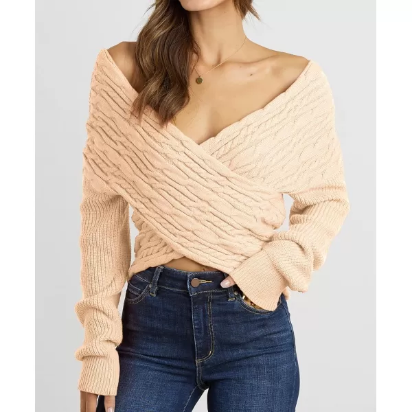 imageBTFBM Women Casual V Neck Long Sleeve Sweaters Cross Wrap Front Off Shoulder Asymmetric Hem Knitted Crop Solid PulloverTwist Beige Apricot