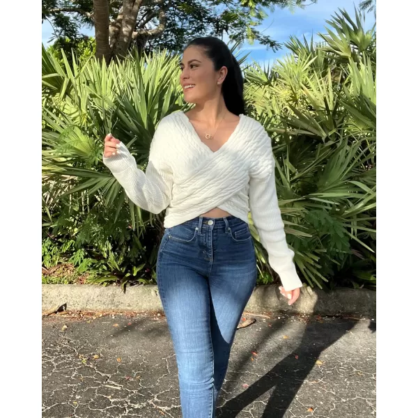 imageBTFBM Women Casual V Neck Long Sleeve Sweaters Cross Wrap Front Off Shoulder Asymmetric Hem Knitted Crop Solid PulloverTwist Beige White