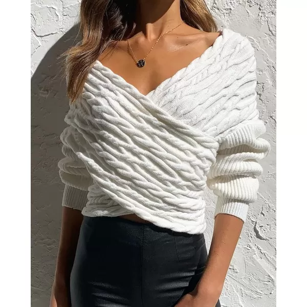 imageBTFBM Women Casual V Neck Long Sleeve Sweaters Cross Wrap Front Off Shoulder Asymmetric Hem Knitted Crop Solid PulloverTwist Beige White