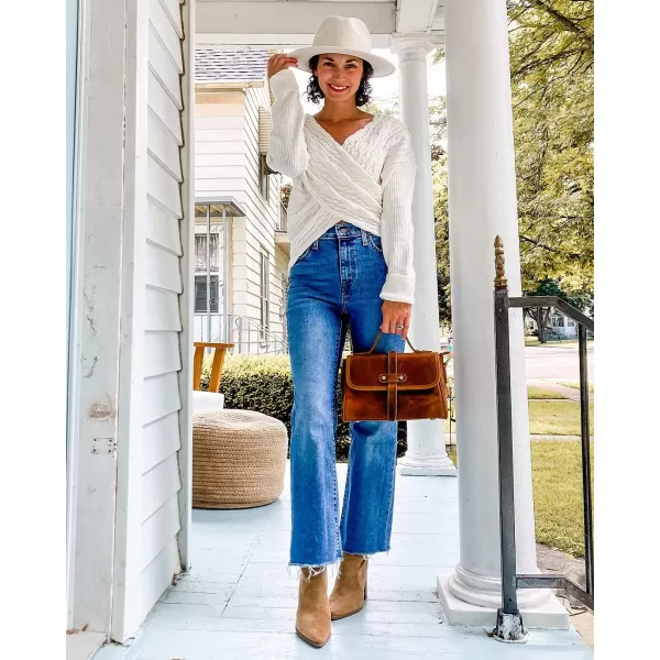 imageBTFBM Women Casual V Neck Long Sleeve Sweaters Cross Wrap Front Off Shoulder Asymmetric Hem Knitted Crop Solid PulloverTwist Beige White