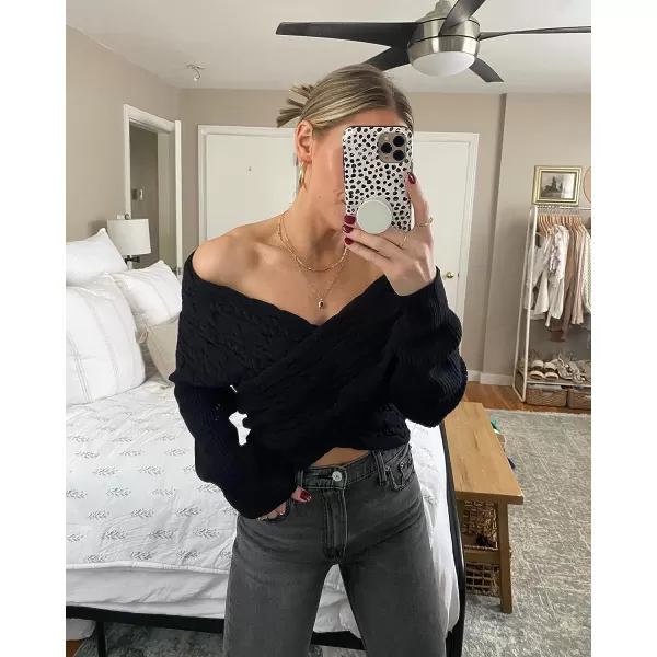imageBTFBM Women Casual V Neck Long Sleeve Sweaters Cross Wrap Front Off Shoulder Asymmetric Hem Knitted Crop Solid PulloverTwist Black