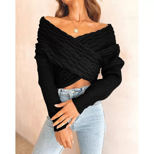 imageBTFBM Women Casual V Neck Long Sleeve Sweaters Cross Wrap Front Off Shoulder Asymmetric Hem Knitted Crop Solid PulloverTwist Black
