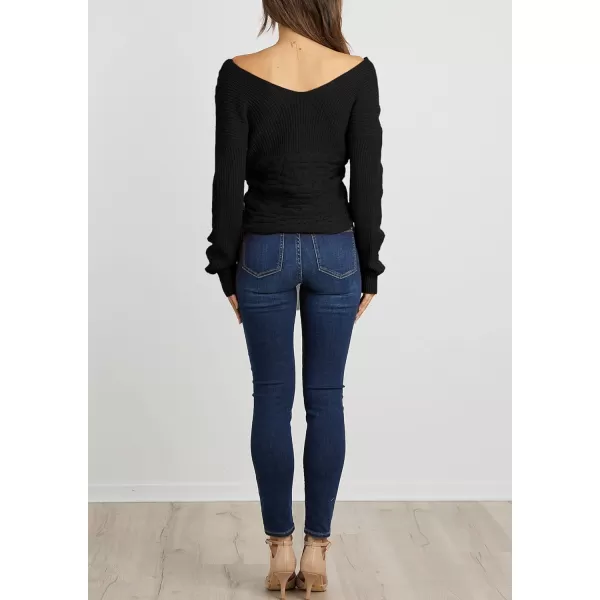 imageBTFBM Women Casual V Neck Long Sleeve Sweaters Cross Wrap Front Off Shoulder Asymmetric Hem Knitted Crop Solid PulloverTwist Black