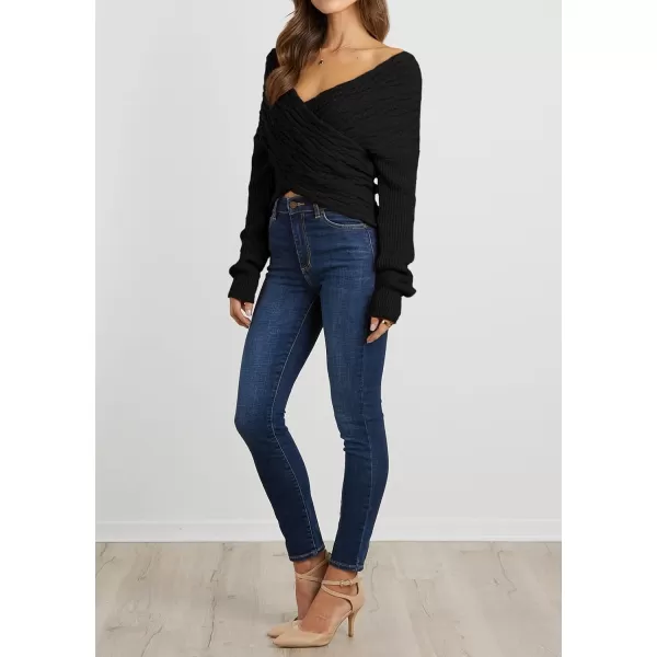 imageBTFBM Women Casual V Neck Long Sleeve Sweaters Cross Wrap Front Off Shoulder Asymmetric Hem Knitted Crop Solid PulloverTwist Black