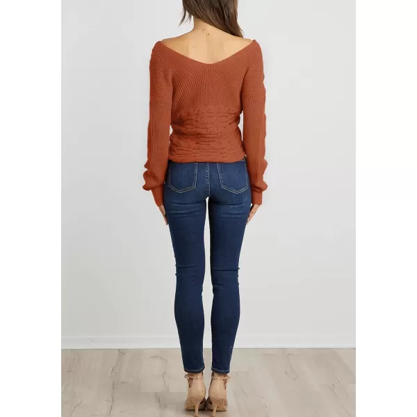 imageBTFBM Women Casual V Neck Long Sleeve Sweaters Cross Wrap Front Off Shoulder Asymmetric Hem Knitted Crop Solid PulloverTwist Caramel