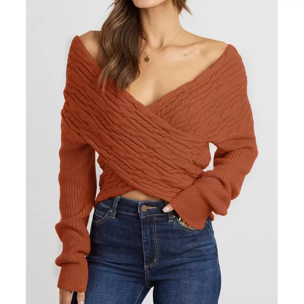 imageBTFBM Women Casual V Neck Long Sleeve Sweaters Cross Wrap Front Off Shoulder Asymmetric Hem Knitted Crop Solid PulloverTwist Caramel