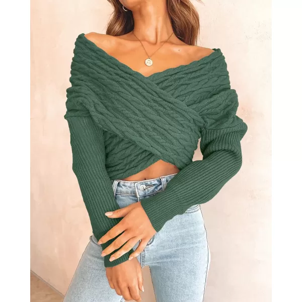 imageBTFBM Women Casual V Neck Long Sleeve Sweaters Cross Wrap Front Off Shoulder Asymmetric Hem Knitted Crop Solid PulloverTwist Dark Green