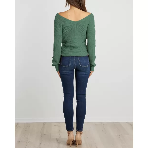 imageBTFBM Women Casual V Neck Long Sleeve Sweaters Cross Wrap Front Off Shoulder Asymmetric Hem Knitted Crop Solid PulloverTwist Dark Green
