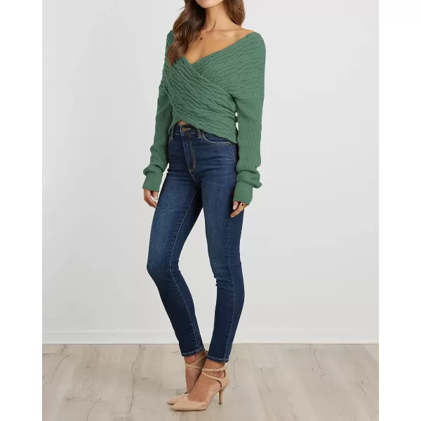 imageBTFBM Women Casual V Neck Long Sleeve Sweaters Cross Wrap Front Off Shoulder Asymmetric Hem Knitted Crop Solid PulloverTwist Dark Green