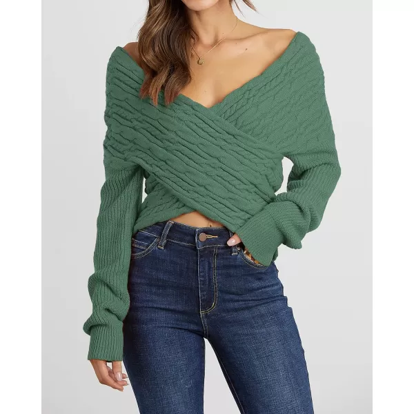 imageBTFBM Women Casual V Neck Long Sleeve Sweaters Cross Wrap Front Off Shoulder Asymmetric Hem Knitted Crop Solid PulloverTwist Dark Green