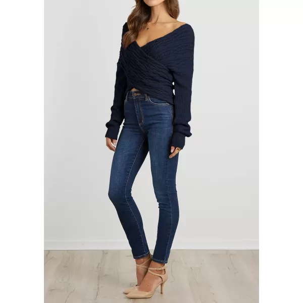 imageBTFBM Women Casual V Neck Long Sleeve Sweaters Cross Wrap Front Off Shoulder Asymmetric Hem Knitted Crop Solid PulloverTwist Navy