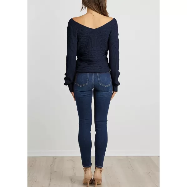 imageBTFBM Women Casual V Neck Long Sleeve Sweaters Cross Wrap Front Off Shoulder Asymmetric Hem Knitted Crop Solid PulloverTwist Navy