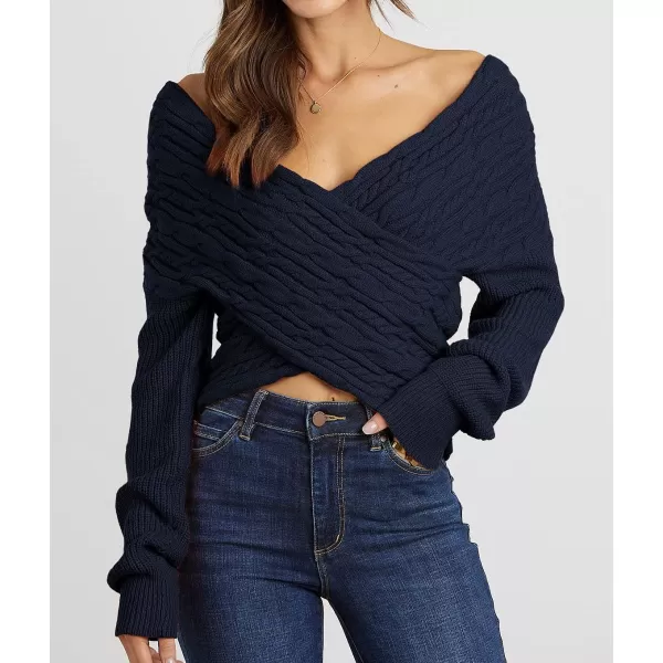 imageBTFBM Women Casual V Neck Long Sleeve Sweaters Cross Wrap Front Off Shoulder Asymmetric Hem Knitted Crop Solid PulloverTwist Navy