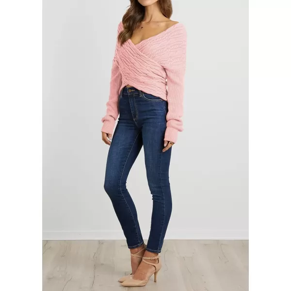 imageBTFBM Women Casual V Neck Long Sleeve Sweaters Cross Wrap Front Off Shoulder Asymmetric Hem Knitted Crop Solid PulloverTwist Pink