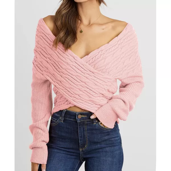 imageBTFBM Women Casual V Neck Long Sleeve Sweaters Cross Wrap Front Off Shoulder Asymmetric Hem Knitted Crop Solid PulloverTwist Pink