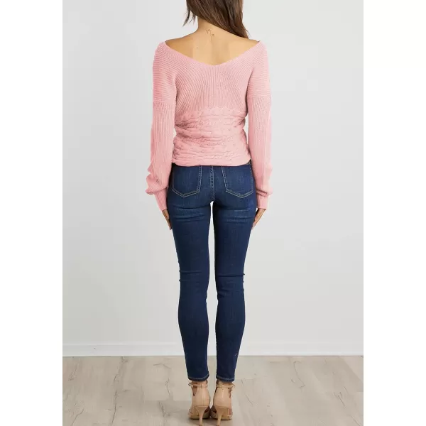 imageBTFBM Women Casual V Neck Long Sleeve Sweaters Cross Wrap Front Off Shoulder Asymmetric Hem Knitted Crop Solid PulloverTwist Pink