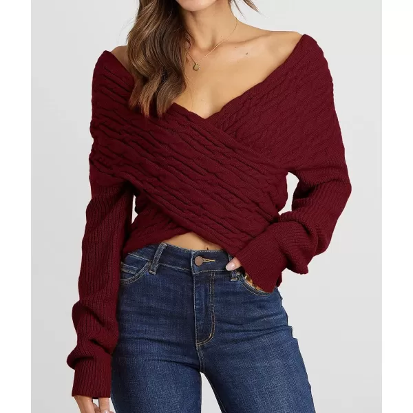 imageBTFBM Women Casual V Neck Long Sleeve Sweaters Cross Wrap Front Off Shoulder Asymmetric Hem Knitted Crop Solid PulloverTwist Wine Red