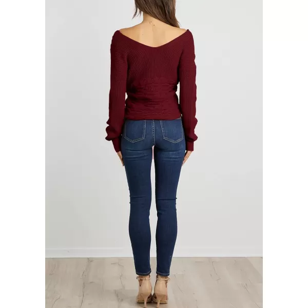 imageBTFBM Women Casual V Neck Long Sleeve Sweaters Cross Wrap Front Off Shoulder Asymmetric Hem Knitted Crop Solid PulloverTwist Wine Red