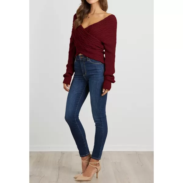 imageBTFBM Women Casual V Neck Long Sleeve Sweaters Cross Wrap Front Off Shoulder Asymmetric Hem Knitted Crop Solid PulloverTwist Wine Red