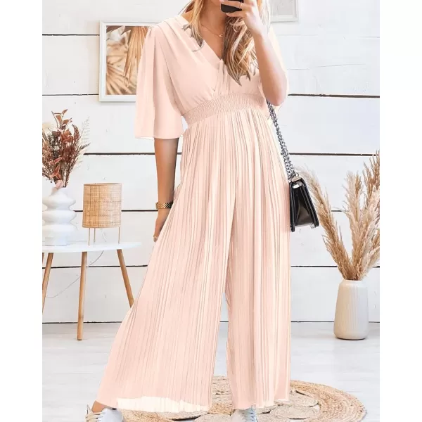 imageBTFBM Women Chiffon Wrap V Neck Summer Jumpsuit Spring Mesh Half Sleeve Elastic Waist Pleated Wide Leg Long Pants RomperSolid Apricot
