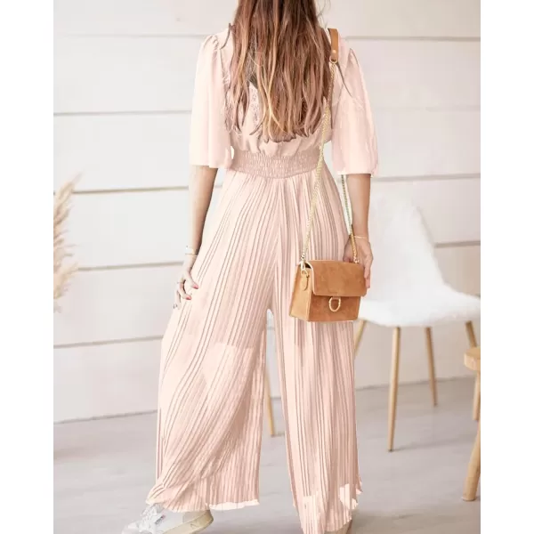 imageBTFBM Women Chiffon Wrap V Neck Summer Jumpsuit Spring Mesh Half Sleeve Elastic Waist Pleated Wide Leg Long Pants RomperSolid Apricot