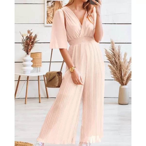 imageBTFBM Women Chiffon Wrap V Neck Summer Jumpsuit Spring Mesh Half Sleeve Elastic Waist Pleated Wide Leg Long Pants RomperSolid Apricot