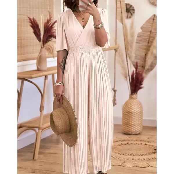 imageBTFBM Women Chiffon Wrap V Neck Summer Jumpsuit Spring Mesh Half Sleeve Elastic Waist Pleated Wide Leg Long Pants RomperSolid Apricot