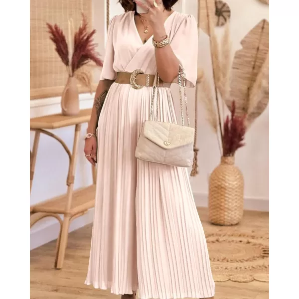 imageBTFBM Women Chiffon Wrap V Neck Summer Jumpsuit Spring Mesh Half Sleeve Elastic Waist Pleated Wide Leg Long Pants RomperSolid Apricot