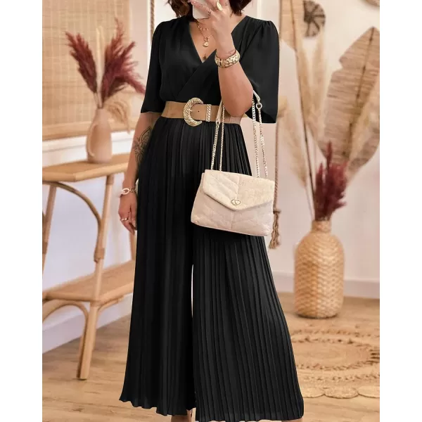 imageBTFBM Women Chiffon Wrap V Neck Summer Jumpsuit Spring Mesh Half Sleeve Elastic Waist Pleated Wide Leg Long Pants RomperSolid Black