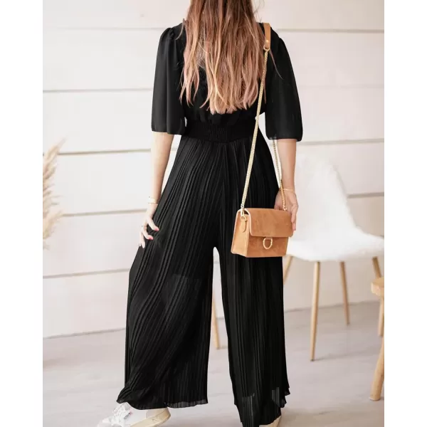 imageBTFBM Women Chiffon Wrap V Neck Summer Jumpsuit Spring Mesh Half Sleeve Elastic Waist Pleated Wide Leg Long Pants RomperSolid Black